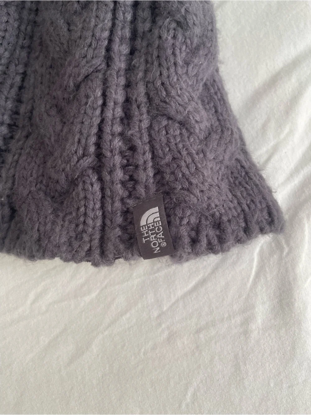 The North Face Purple Gray Cable Knit Beanie with Pom Pom